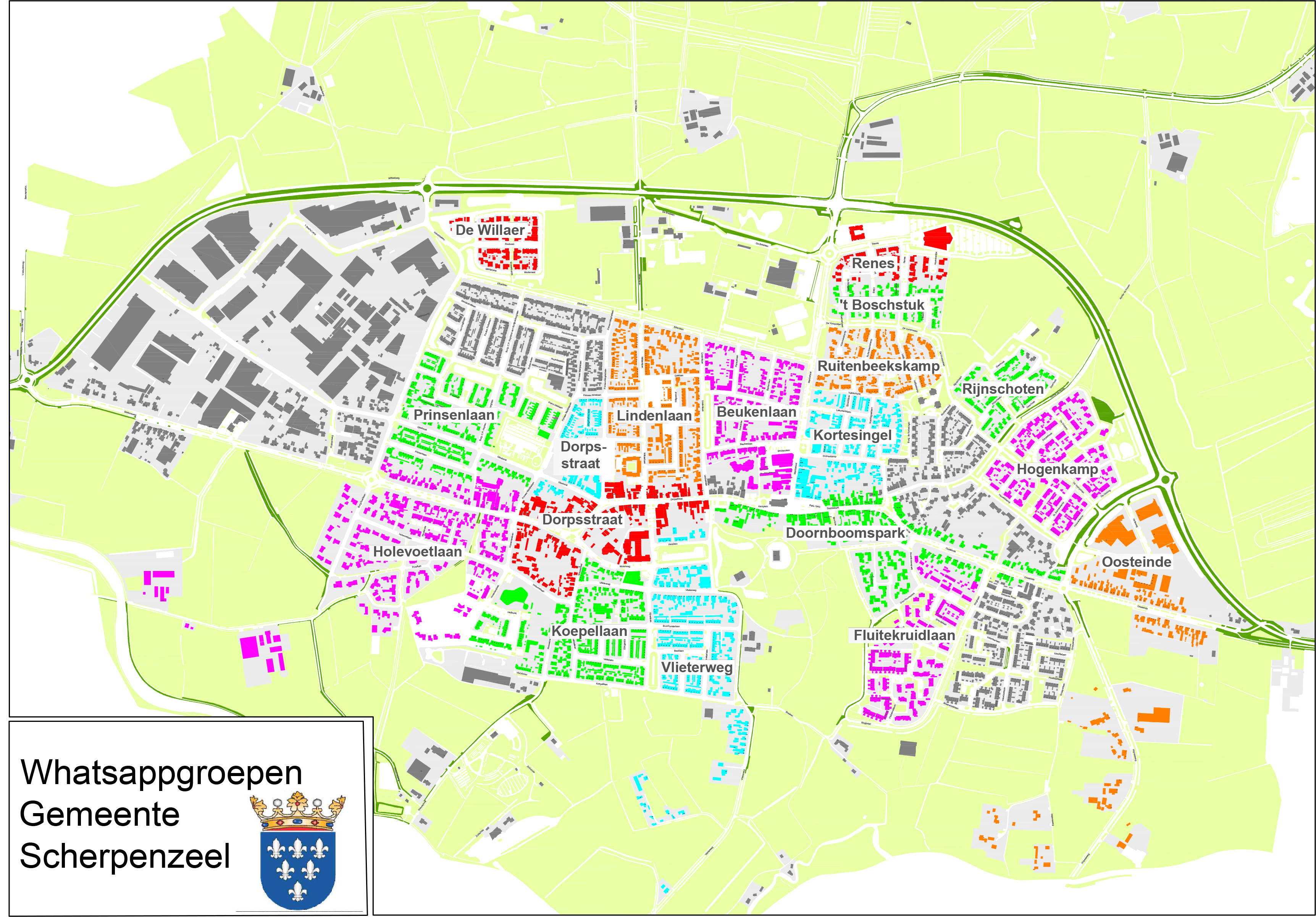 Plattegrond van de WhatsAppgroepen van Scherpenzeel